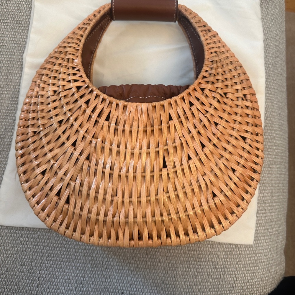 Staud moon leather embellished raffia shoulder bag